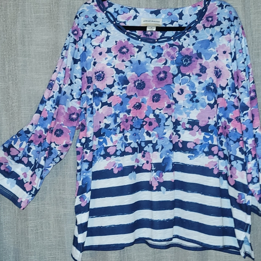 Alfred Dunner Blue and Pink Floral Striped Blouse